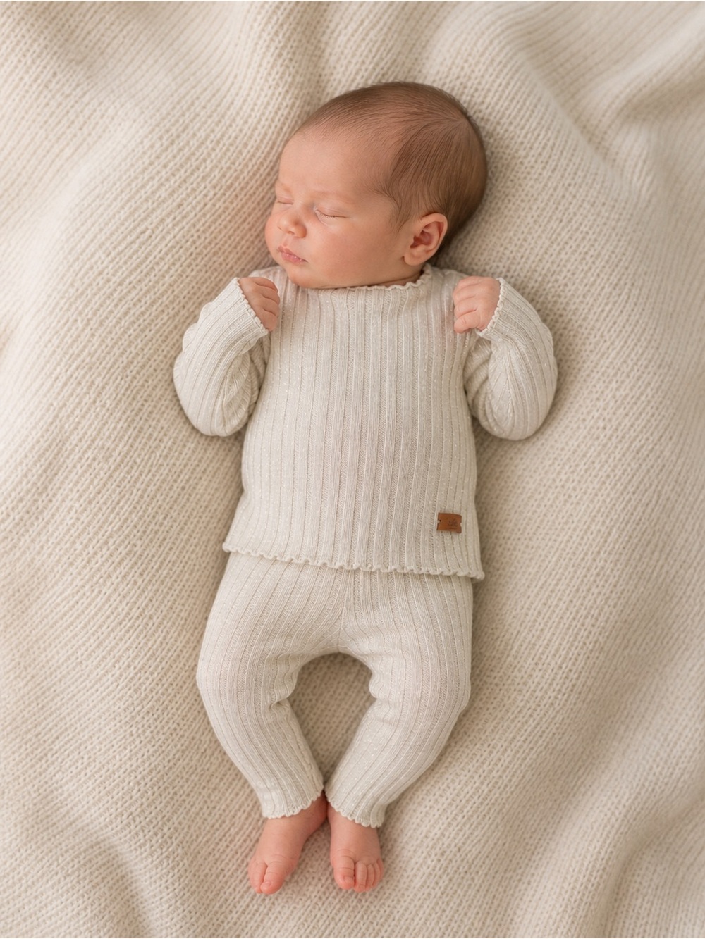 Elegant Neutral Ribbed Knit Baby Set - shimmery Cream unisex size 3M